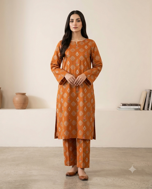 Burnt Orange Bloom - Printed Lawn 2-Piece Unstitched Suit